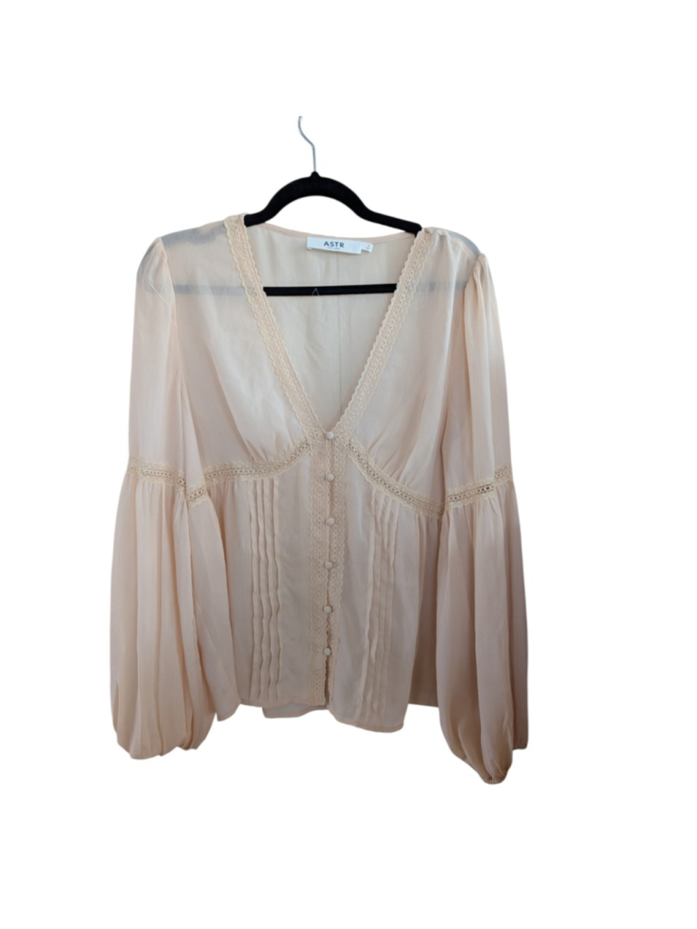 ASTR The Label Cream Boho Lace Trim Blouse Sheer Balloon Sleeve Peplum Top... - Picture 2 of 7